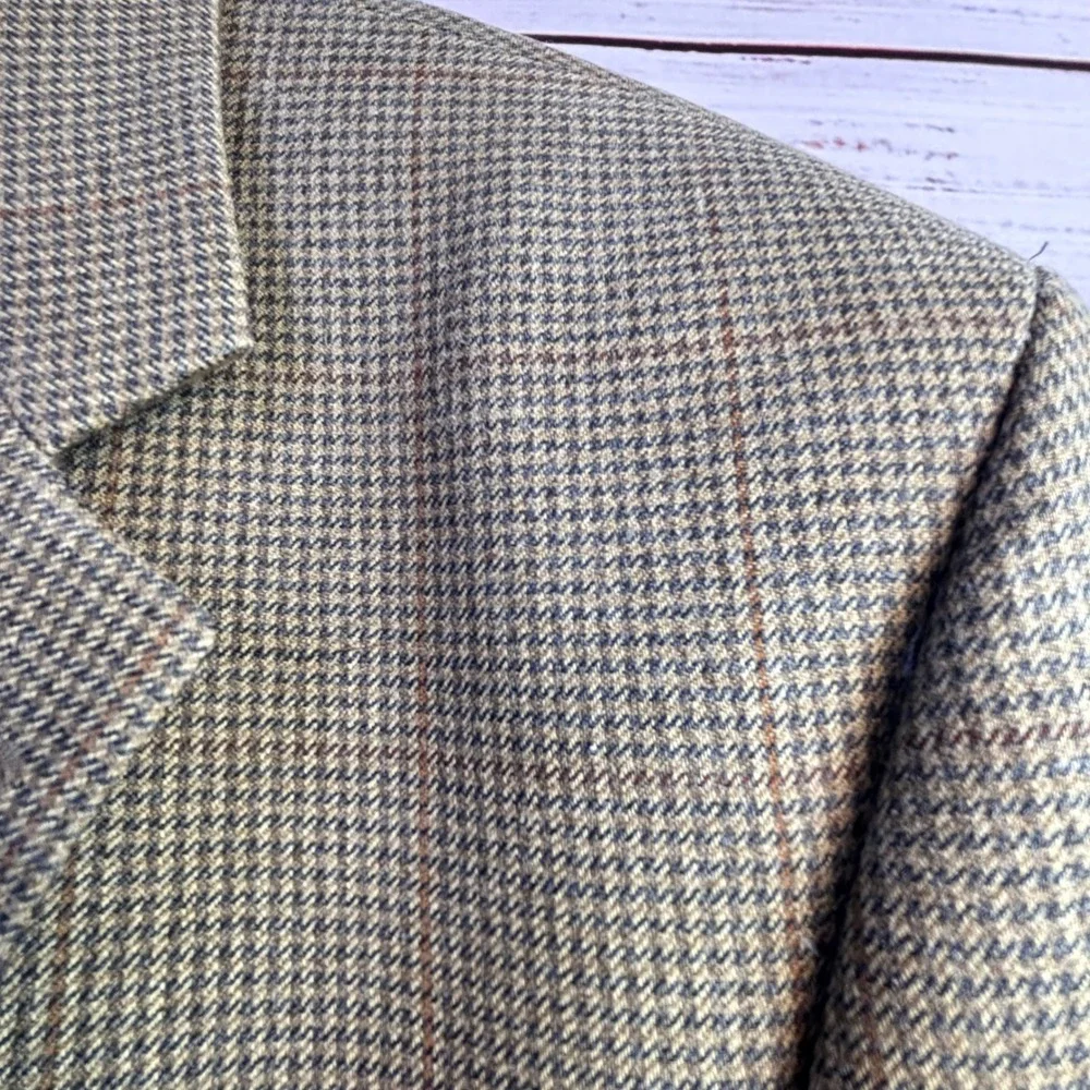 Houndstooth Vintage 90s Blazer Chaps Ralph Lauren 44R Tan Silk Wool Windowpane